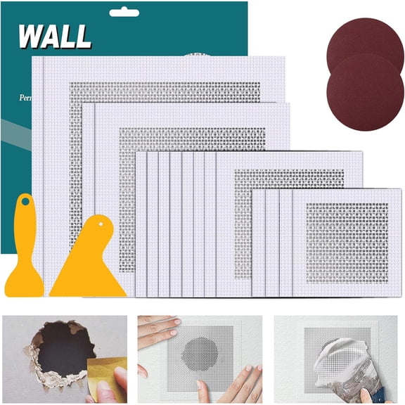 Drywall repair kit 20 pieces aluminum wall repair patch, 2/4/6/8 inch fiber mesh covered galvanized plate, drywall hole repair patch metal patch with extended self-adhesive mesh (20 pieces)