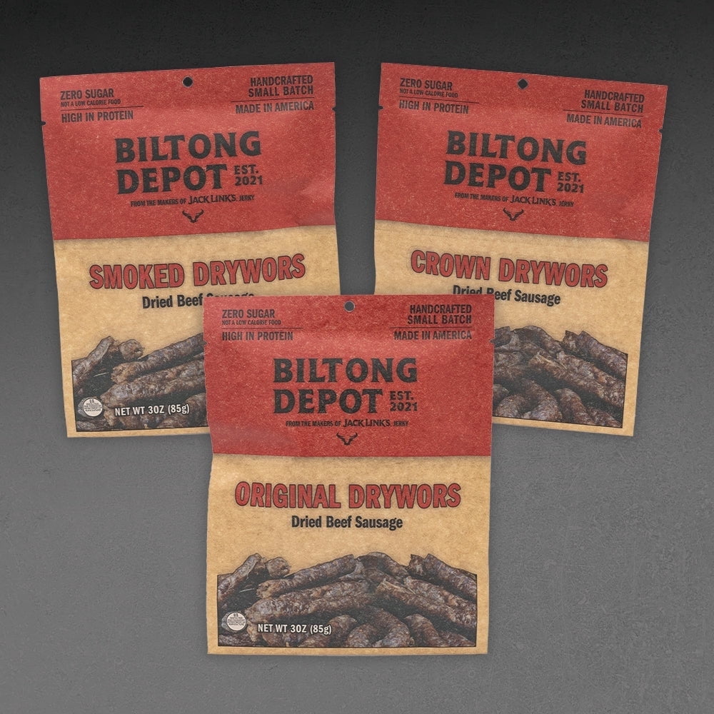 Biltong Depot Drywors Variety Pack (3oz, pack of 3): High Protein Snacks, No Sugar, Natural Dried Beef Sausage Sticks