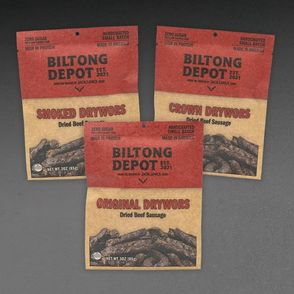 Biltong Depot Drywors Variety Pack (3oz, pack of 3): High Protein Snacks, No Sugar, Natural Dried Beef Sausage Sticks