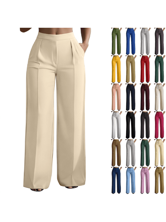 Dress Pants for Women, High Waist Wide Leg Pleated Pants with Pockets, Stretchy Business Work Trousers S-3XL