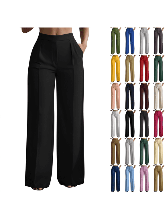 Dress Pants for Women, High Waist Wide Leg Pleated Pants with Pockets, Stretchy Business Work Trousers S-3XL