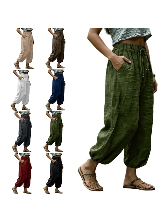Harem Pants for Women, Drawstring Stretch High Waist Cropped Pants with Pockets, Baggy Casual Boho Beach Pants S-2XL