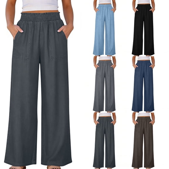 Dzrciro Jeans for Women, Plus Size High Waist Wide Leg Pants with Patch Pockets, Breathable Casual Daily Work Pants S-3XL