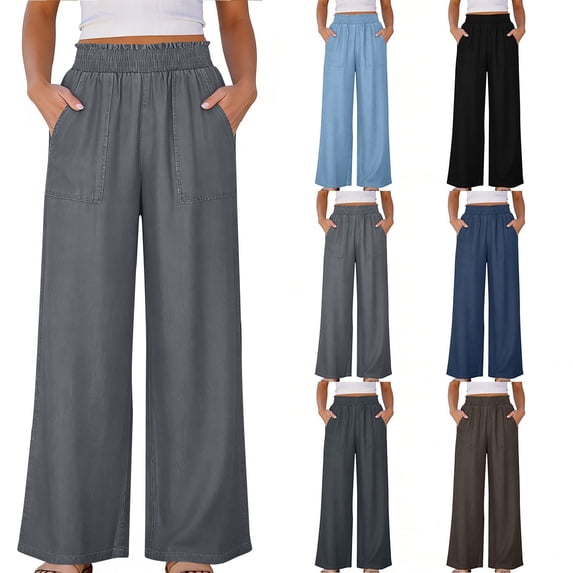Dzrciro Jeans for Women, Plus Size High Waist Wide Leg Pants with Patch Pockets, Breathable Casual Daily Work Pants S-3XL