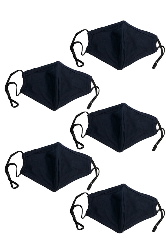 Adult Navy Face Masks Cotton Cloth With Adjustable Ear Loops And Nose Clip- 5 Pack