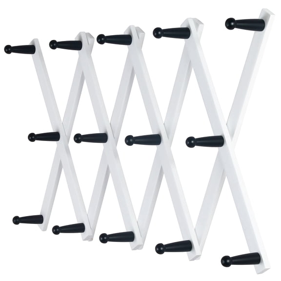 Dseap Accordion Wall Hanger,16" High Wooden Expandable Coat Rack,Hat Holder Hooks for Baseball Caps,Mugs,14 Pegs,White on Black