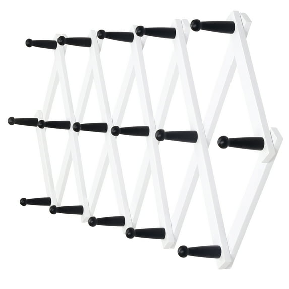 Dseap Accordion Wall Hanger,16" High Wooden Expandable Coat Rack,Hat Holder Hooks for Baseball Caps,Mugs,16 Pegs,White on Black