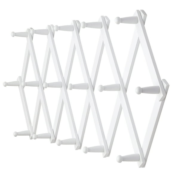 Dseap Accordion Wall Hanger,16" High Wooden Expandable Coat Rack,Hat Holder Hooks for Baseball Caps,Mugs,16 Pegs,White