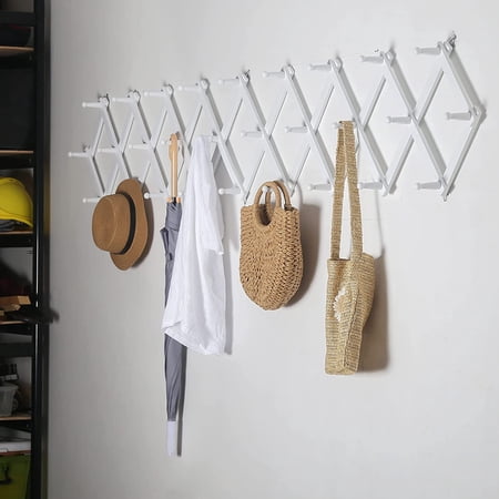 Dseap Accordion Wall Hanger,16" High Wooden Expandable Coat Rack,Hat Holder Hooks for Baseball Caps,Mugs,28 Pegs,White