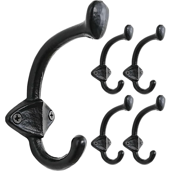Dseap Cast Iron Wall Hooks L=5, Heavy Duty Coat Hooks, Rustic Vintage Farmhouse Hook for Hanging Winter Coats Jackets Towels Hats Bags Plants, Antique Black, Pack of 5 (ShieldBold)