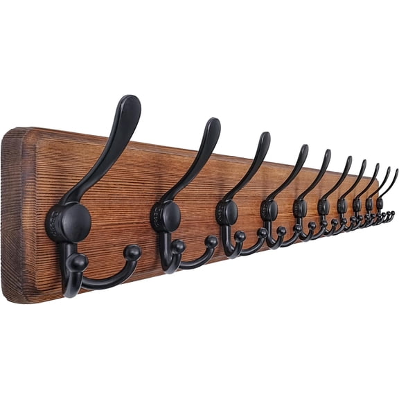 Dseap Coat Rack Wall - Heavy-Duty 38-1/4" Long, with Reinforced 10 Custom Tri-Hooks, Solid Wood Wall Hanger for Coats Hat Jackets - Rustic Farmhouse Entryway Hallway Storage, Natural & Black
