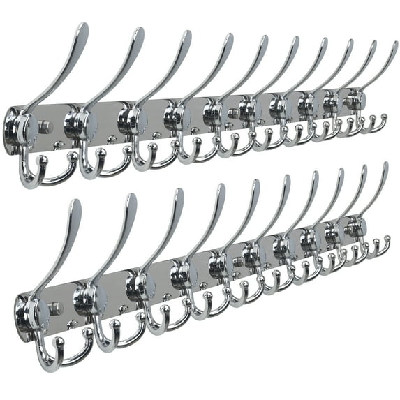 Dseap Coat Rack Wall Mounted-10 Tri Hooks,Stainless Steel Heavy Duty Metal Coat Hook Rail for Hats Clothing Entryway,Chrome 2 Pack