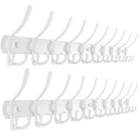Dseap Coat Rack Wall Mounted-10 Tri Hooks,Stainless Steel Heavy Duty Metal Coat Hook Rail for Hats Clothing Entryway,White 2 Pack