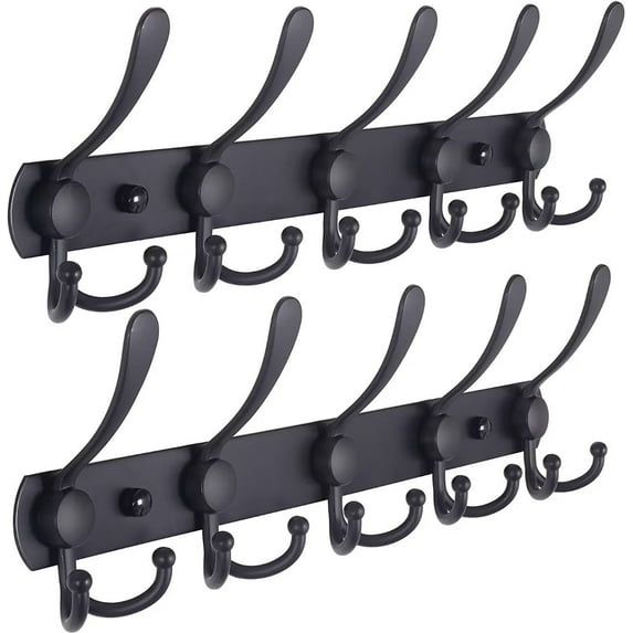 Dseap Coat Rack Wall Mounted-5 Tri Hooks,Stainless Steel Heavy Duty Coat Hook Rail for Hats Clothing,Matte Black 2 Pack