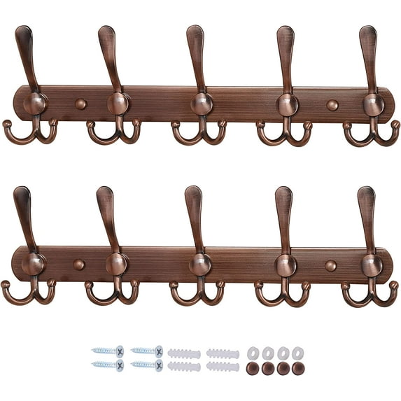 Dseap Coat Rack Wall Mounted-5 Tri Hooks,Stainless Steel Heavy Duty Metal Coat Hook Rail for Hats Clothing Entryway,Antique copper 2 Pack