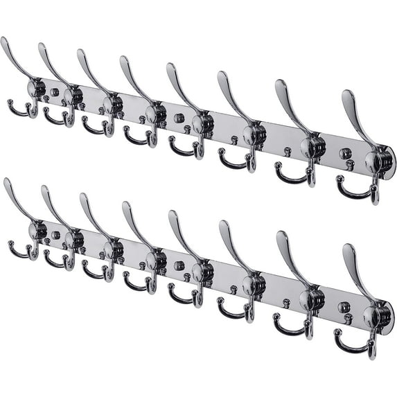 Dseap Coat Rack Wall Mounted-8 Tri Hooks,Stainless Steel Heavy Duty Metal Coat Hook Rail for Hats Clothing Entryway,Chrome 2 Pack