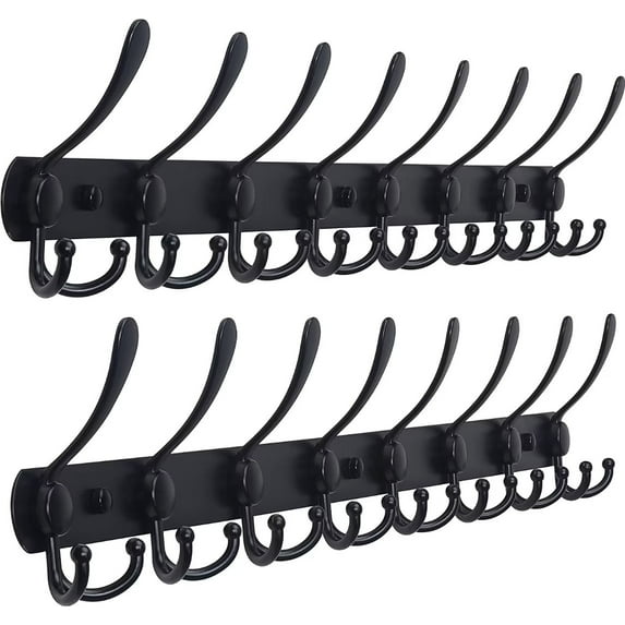 Dseap Coat Rack Wall Mounted - 8 Tri Hooks,Stainless Steel,Heavy Duty Metal Coat Hook Rail for Hats Clothing Entryway,Matte Black 2 Pack