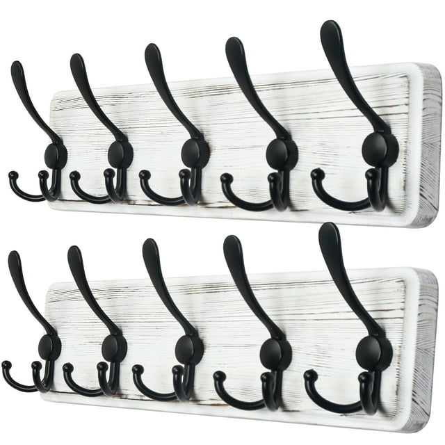 Dseap Rustic Wooden Coat Rack, 5 Tri Hooks, Wall Mount, Black/White, 2