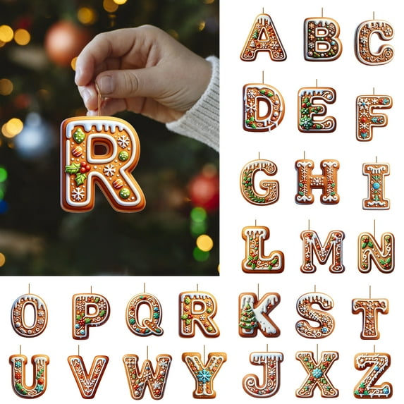 Dserfhy 1/26Pcs Gingerbread Alphabet Ornaments 26 Initial Letter Candy Cane Pendant with Berries Pattern Mini Monogram Christmas Tree Hanging Decoration