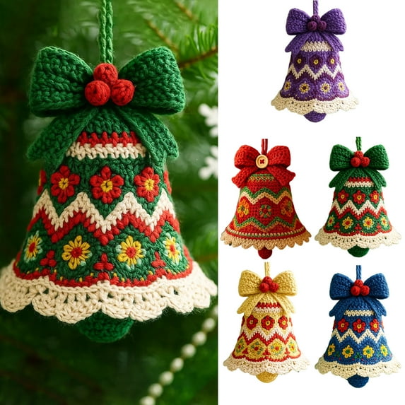 Dserfhy 1/5Pcs Handmade Christmas Bell Ornament DIY Knitted Santa Claus Bell Crochet Festive Decoration Home Seasonal Decor