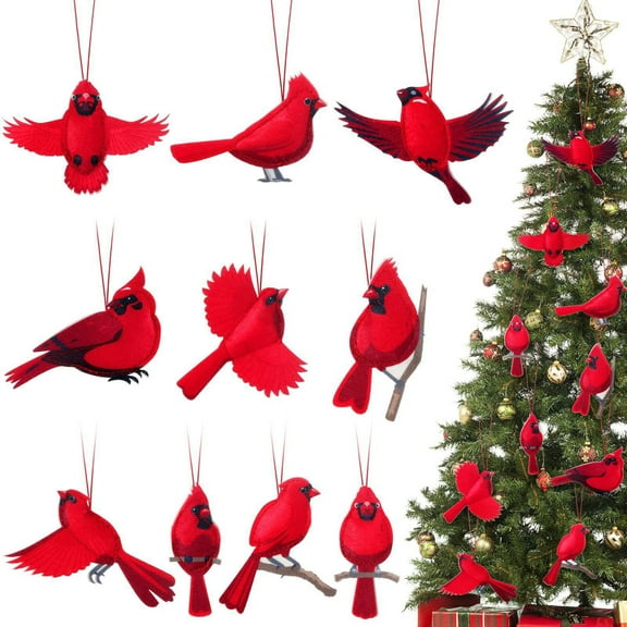 Dserfhy 10 Pcs Red Bird Ornaments Wood Red Birds Christmas Tree Hanging Decoration for Winter Holiday Home Decor