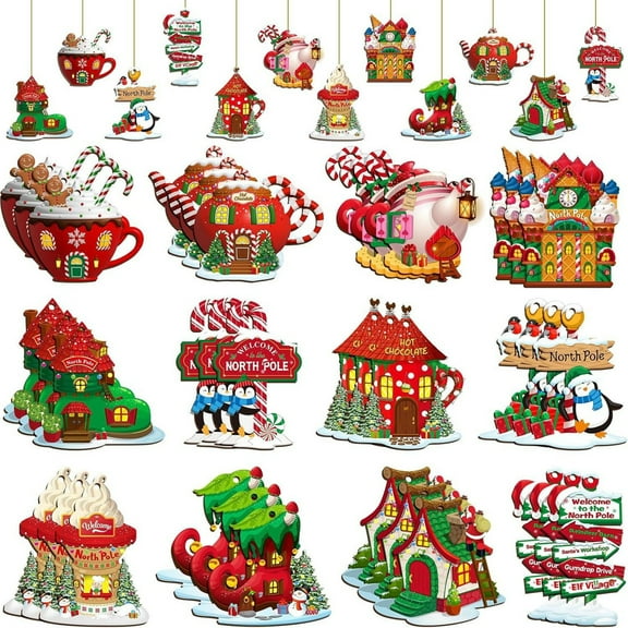 Dserfhy 12/24/36Pcs Christmas Wooden Hanging Decoration Farmhouse Rustic Holiday Party Winter Xmas Tree North Pole Hanging Ornament Sign
