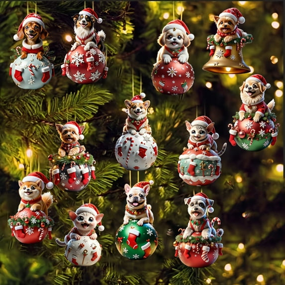 Dserfhy 12 Pcs Wooden Christmas Ornaments Cartoon Cat/Dog on The Ball Christmas Hanging Decorations for Xmas Tree Car Window Decor