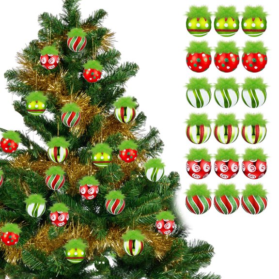 Dserfhy 2.4 Inch Christmas Ball Ornaments with Fuzzy Green Hair Glittering Hanging Furry Elf Ball Decoration Red Green Plastic Ball Ornament for Xmas Tree Holiday Party Decor