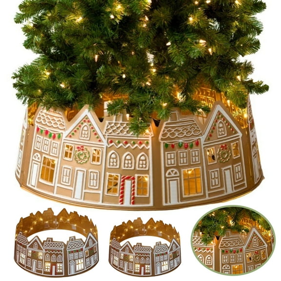 Dserfhy 26/28-Inch LED Gingerbread Christmas Tree Collar Xmas Tree Skirt with String Light Xmas Artificial Trees Stand Base Ring Cover Decoration