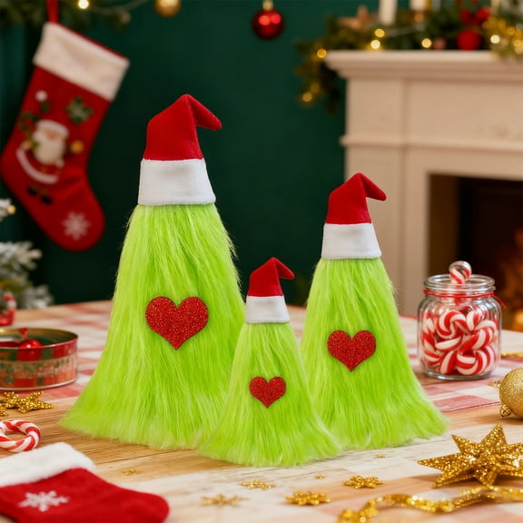 Dserfhy 3 Pcs Green Furry Christmas Tree Decoration Fuzzy Elf Xmas Tree Tabletop Decor Soft Faux Fur Table Centerpiece for Living Room Home Kitchen Desk Decor