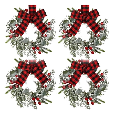 Dserfhy 9" Mini Christmas Wreath Artificial Frosted Pine Wreath with Red Berry Buffalo Plaid Bow for Farmhouse Indoor Outdoor Kitchen Cabinet Decor