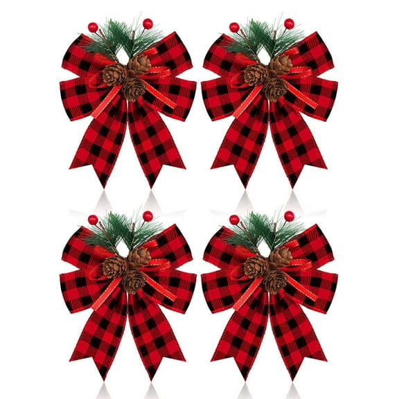 Dserfhy Christmas Bows with Pine Cones Pine Needles Buffalo Plaid Ribbon Bows Christmas Tree Wreath Decoration for Gift Wrapping