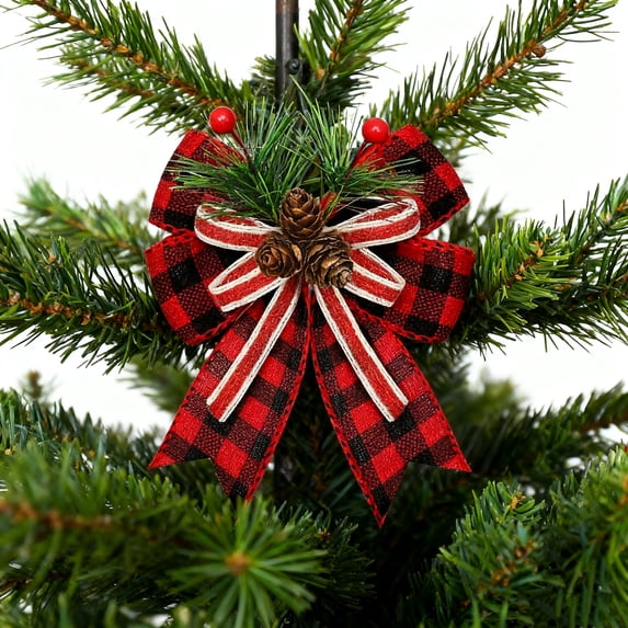 Dserfhy Christmas Burlap Plaid Bow with Pine Cones Pine Needles Large Buffalo Plaid Bow Xmas Wreath Checkered Bow for Holiday Crafts Home Party Tree Decor