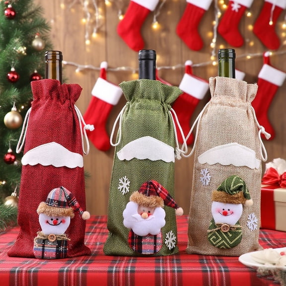 Dserfhy Christmas Burlap Wine Bags Cute Santa Claus Snowman Reindeer Design Reusable Wine Bottle Cover with Drawstring for Dinner Table Decor