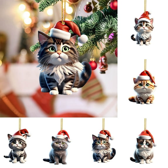 Dserfhy Christmas Cat Pendant Acrylic Santa Hat Cartoon Cat Hanging Decoration Key Ring Kitten Pendant Christmas Tree Decor Gift for Cat Lovers