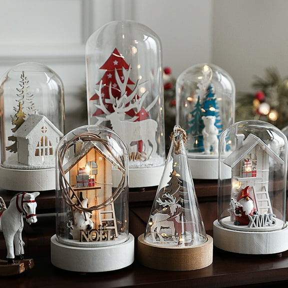 Dserfhy Christmas Figures in Glass Dome Tabletop Decoration LED Light Up Christmas Cloche Ornaments for Indoor Home Tabletop Decor