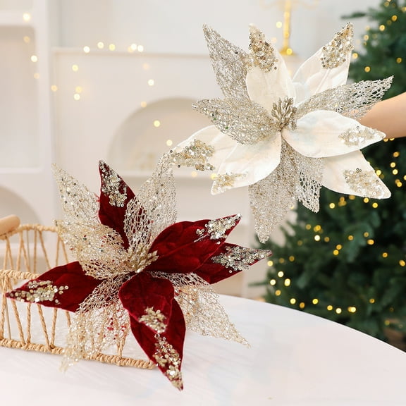 Dserfhy Christmas Glitter Fabric Poinsettia Flowers 11 Inch Large Artificial Sequins Flower Christmas Tree Ornaments for Wedding New Year Party Xmas Tree Wreath Garland Decor