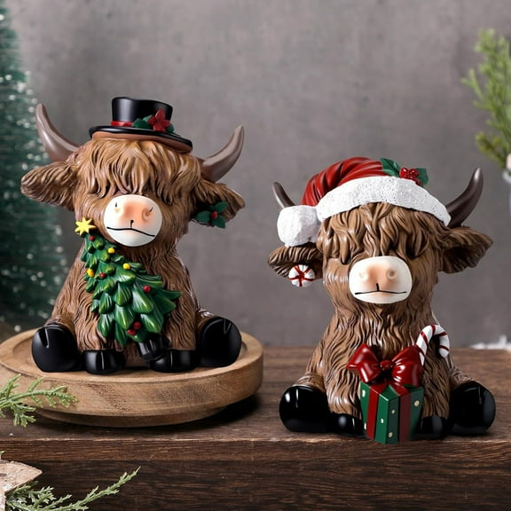 Dserfhy Christmas Highland Cow Figurine Resin Santa Tree Scottish Statue for Xmas Home Garden Kitchen Office Tiered Tray Table Decor