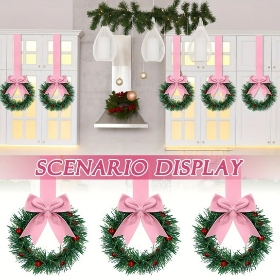 Dserfhy Christmas Kitchen Cabinet Wreath with Ribbon Small Red Berry Window Wreath with Bow for Farmhouse Front Door Christmas Party Decoration