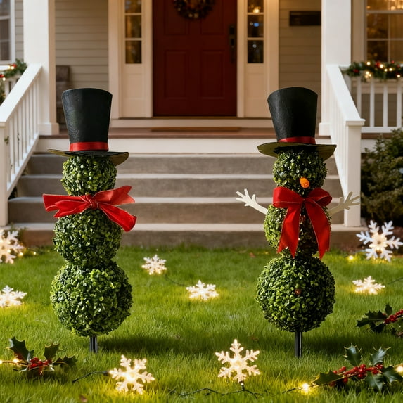 Dserfhy Christmas Snowman Topiary Artificial Snowman Shaped Topiary Tree with Bow And Hat Outdoor Boxwood Topiary with Stake for Home Porch Decor