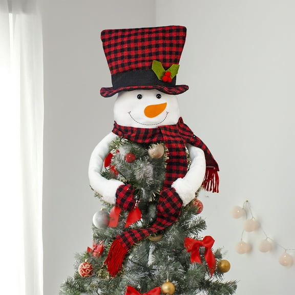 Dserfhy Christmas Snowman Tree Topper Large Plush Snowman Treetop Hugger with Red Black Plaid Top Hat Scarf Xmas Tree Ornament