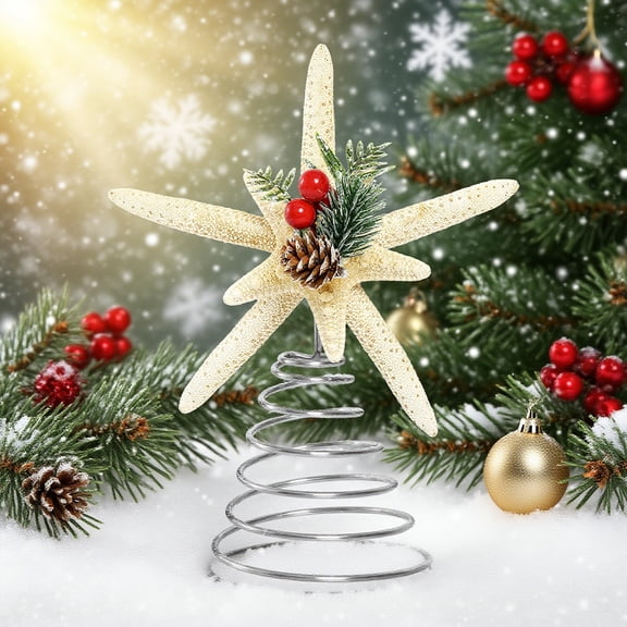 Dserfhy Christmas Starfish Tree Topper Coastal Beach Treetop Ornament with Red Berries Pine Cone for Holiday Xmas Home Indoor Outdoor Decor