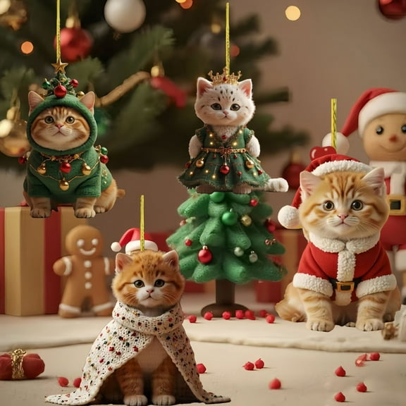 Dserfhy Cute Cat Christmas Ornament Acrylic Christmas Tree Ornament 2D Flat Cartoon Cat Hanging Pendant for Holiday Home Party Decor
