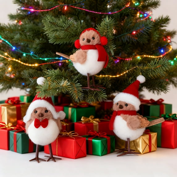 Dserfhy Cute Fluffy Plush Foam Bird Christmas Tree Ornament Simulated Bird Figurine with Red Hat And Scarf for Christmas Tree Mantel Desk Decoration