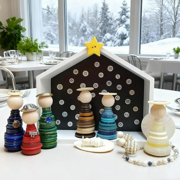 Dserfhy DIY Button Nativity Scene Kit Christmas Craft Set with Buttons Beads & Star for Holiday Decor Creative Christmas Ornament Making for Family Kids