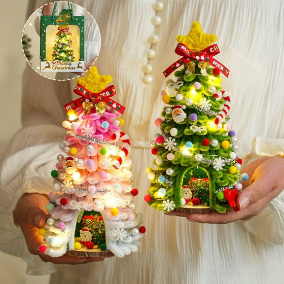 Dserhfy DIY Pipe Cleaners Christmas Tree Kit with String Light Twistable Plush Stick Xmas Tree Winter Bendable Fuzzy Stem Craft Kit for Holiday Home Party Decor