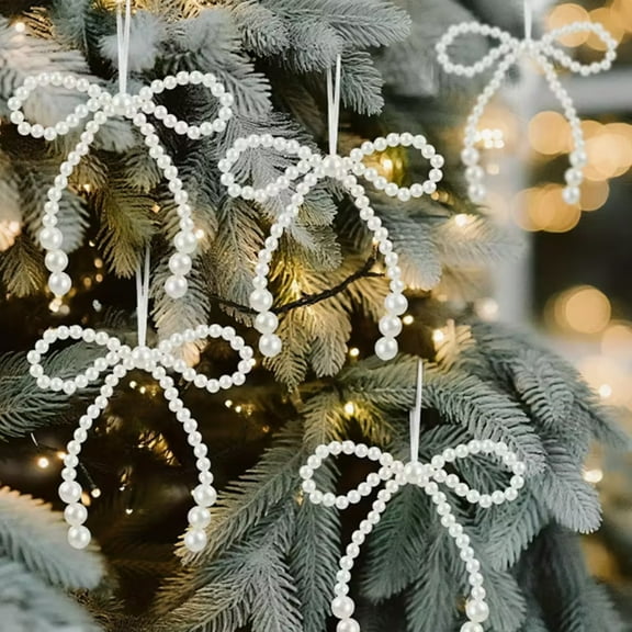 Dserfhy Faux Pearl Bow Christmas Ornaments White Faux Pearl Bead Bows Hanging Ornament Bowknot Tree Topper for Wedding Bridal Baby Shower Birthday Decoration