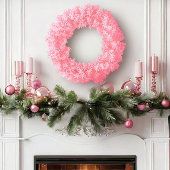 Dserfhy Faux Spruce Christmas Wreath Unlit Pink/White Artificial Flocked Xmas Wreath for Indoor Outdoor Winter Home Decor