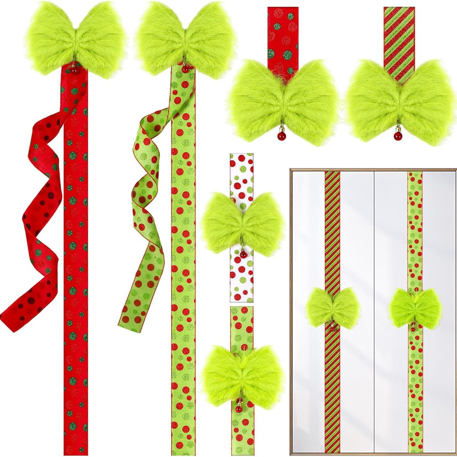 Dserfhy Green Christmas Cabinet Door Bows with Bell Plush Faux Fur Furry Bows with Dot/Striped Ribbon for Xmas Wreath Door Window Fireplace Staircase Indoor Decor