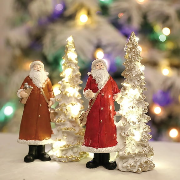 Dserfhy LED Light Up Christmas Tree with Santa Resin Standing Santa Claus Figure with Lighted Tree Figurine for Indoor Tabletop Holiday Decoration